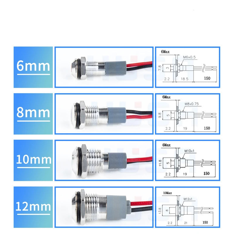 Metal LED Indicator Pilot Light Nickel Plated Brass 6mm 8mm 10mm 12mm 14mm 16mm 19mm 22mm IP65 Waterproof Panel Mount