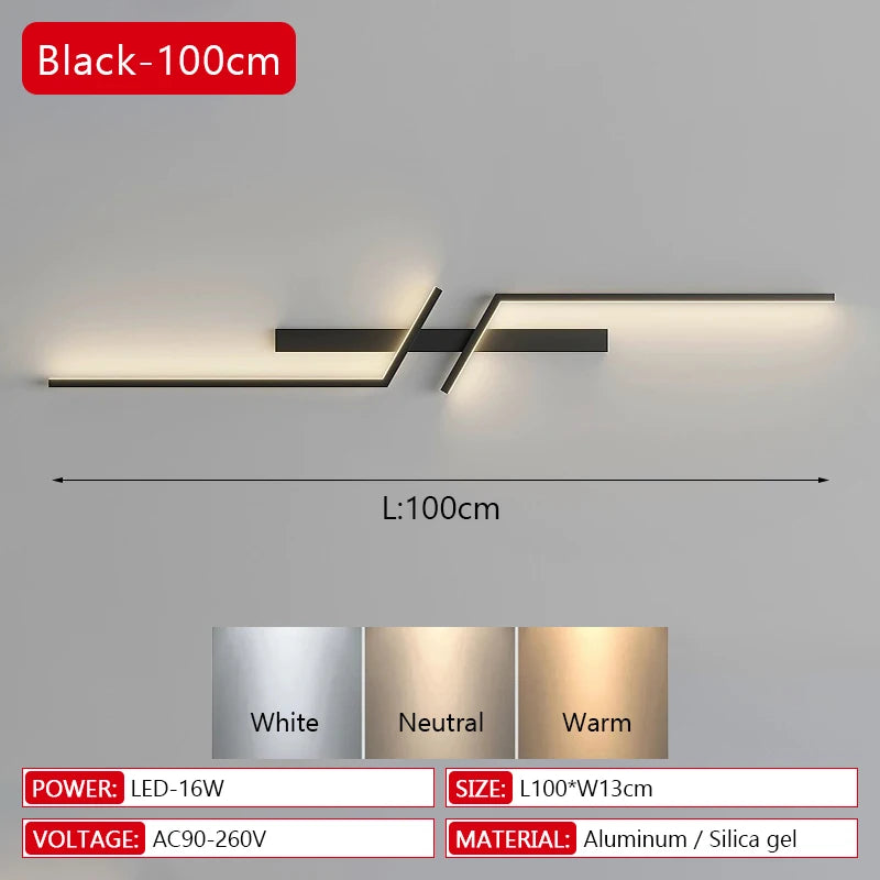 Modern LED Strip Wall Lamp 13W 15W 18W Dimmable Black Gold 60cm 80cm 100cm AC 90-260V