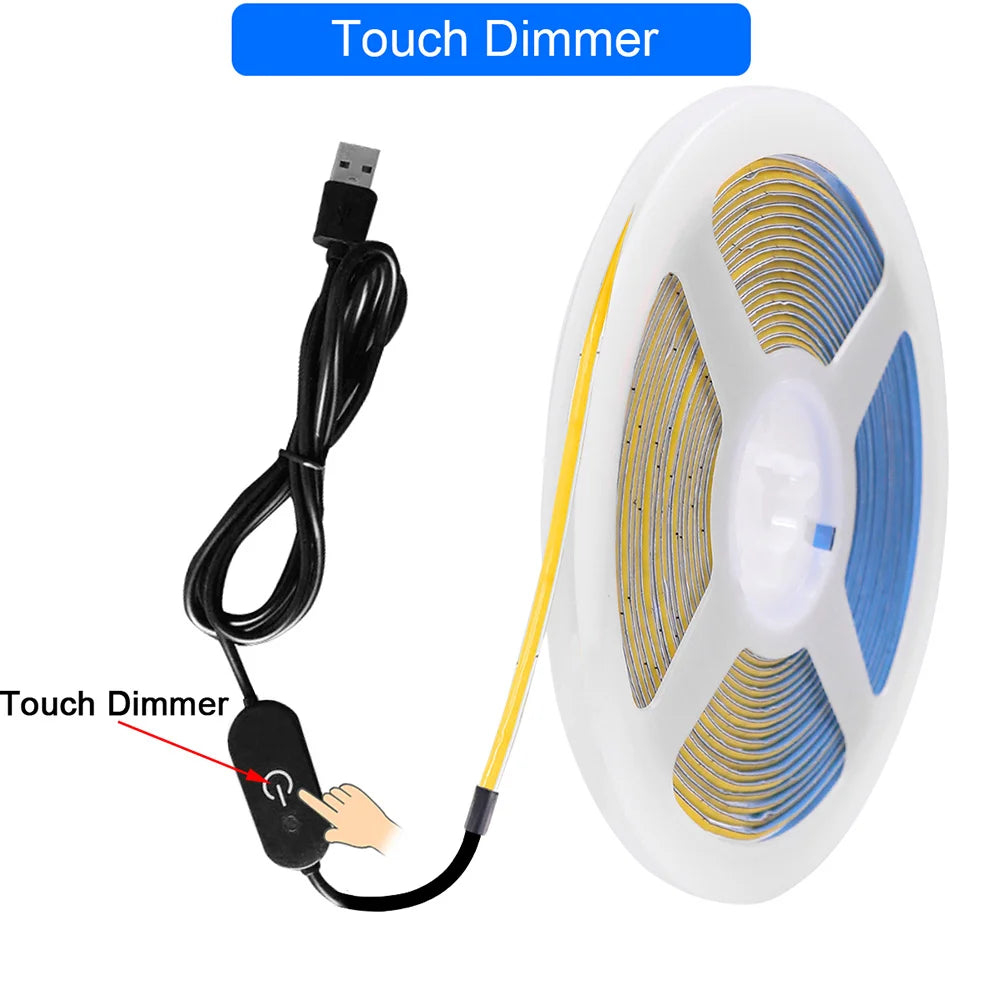 DC 5V USB COB LED Strip Light 320 LED/m 3mm PCB CRI 90 IP33 0.5m to 5m Warm White Natural White Cool White Red Blue Pink Ice Blue Dimmable Flexible Tape