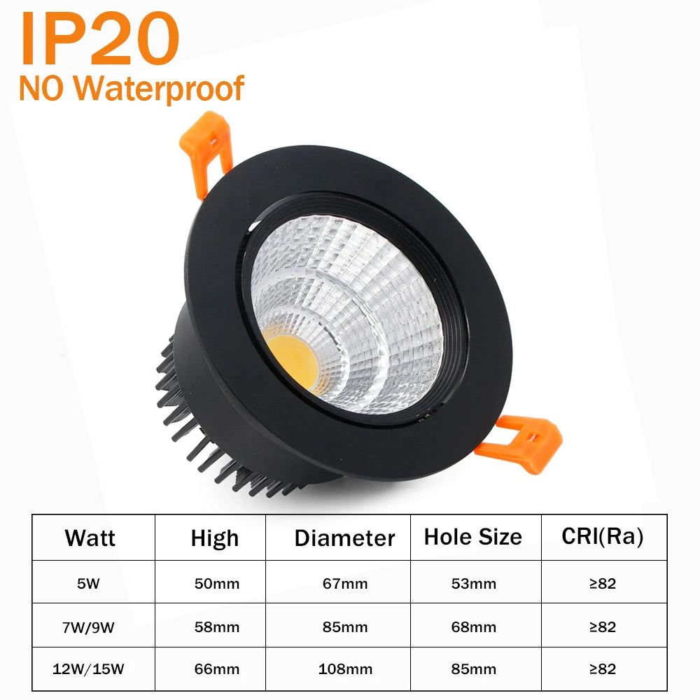 IP65 Waterproof COB LED Recessed Downlight 5W 7W 12W 15W CRI >90 Anti-Glare 85-265V