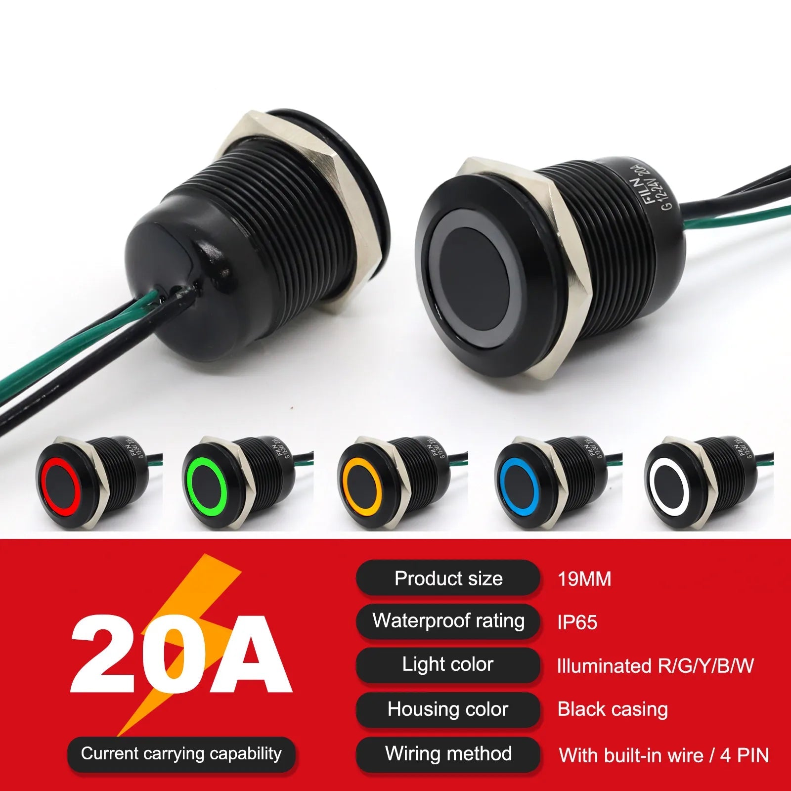IP68 Waterproof Stainless Steel Push Button Switch 19mm 22mm 20A Momentary LED 12V 24V 110V 220V 4 Pin 20cm Wire 5 Colors