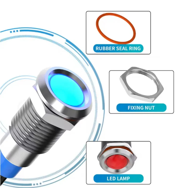 6mm LED Metal Indicator Light Waterproof Signal Lamp with Wire 6V 12V 24V 220V