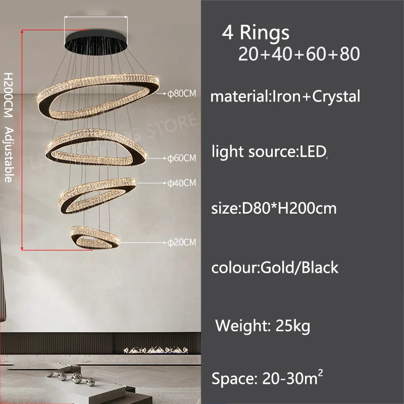 Modern Crystal LED Chandelier Stainless Steel Polished Cord Pendant Remote Control Dimmable AC 90-265V Villa Living Room Staircase