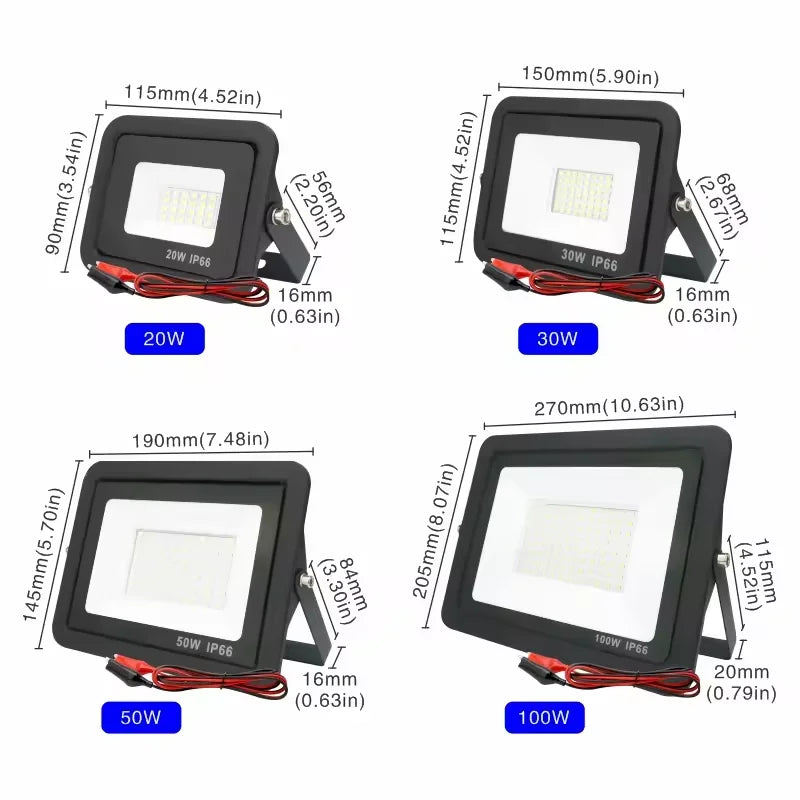 DC 12V LED Flood Light 20W 30W 50W 100W IP66 Aluminum Outdoor Portable Spotlight CE
