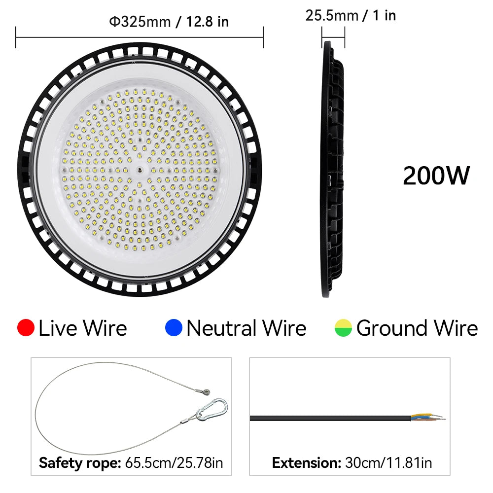 UFO LED High Bay Light 100W 150W 200W SMD2835 IP66 110-120lm/W 6000K AC 110-265V Warehouse