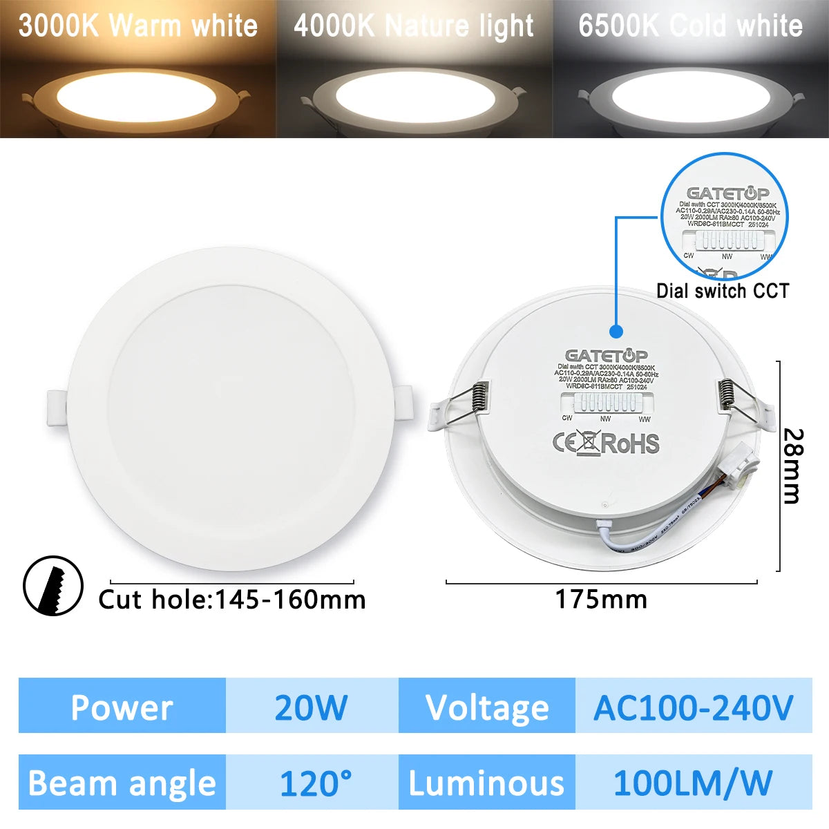 3-CCT LED Recessed Downlight 3000K 4000K 6500K Dial Switch AC 110-240V 1-10 Pack