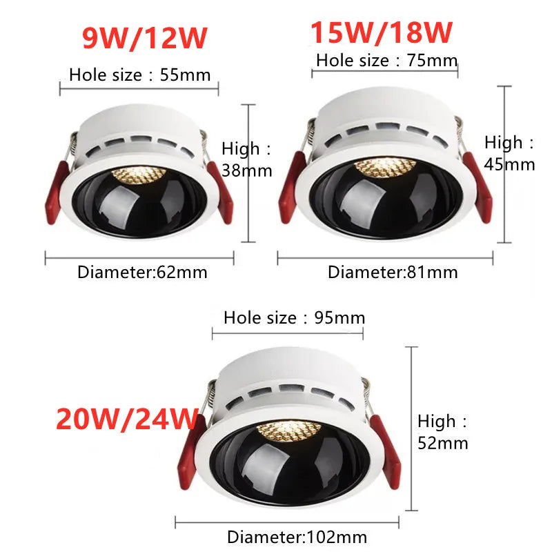 Dimmable Anti-Glare COB LED Recessed Downlight 9W 12W 15W 18W 20W 24W Epistar 85-265V