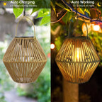 Solar Rattan Bamboo Hanging Lantern IP65 Auto Dusk-Dawn 800mAh Warm White Garden Patio