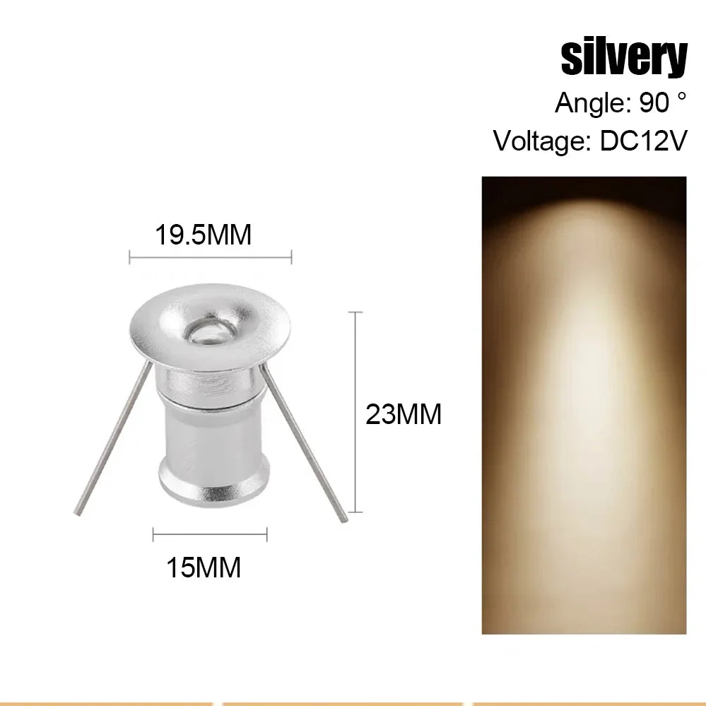 Mini 1W DC12V LED Recessed Spotlight 24° D20mm 15-18mm Cutout 100lm Brushed Nickel Silver