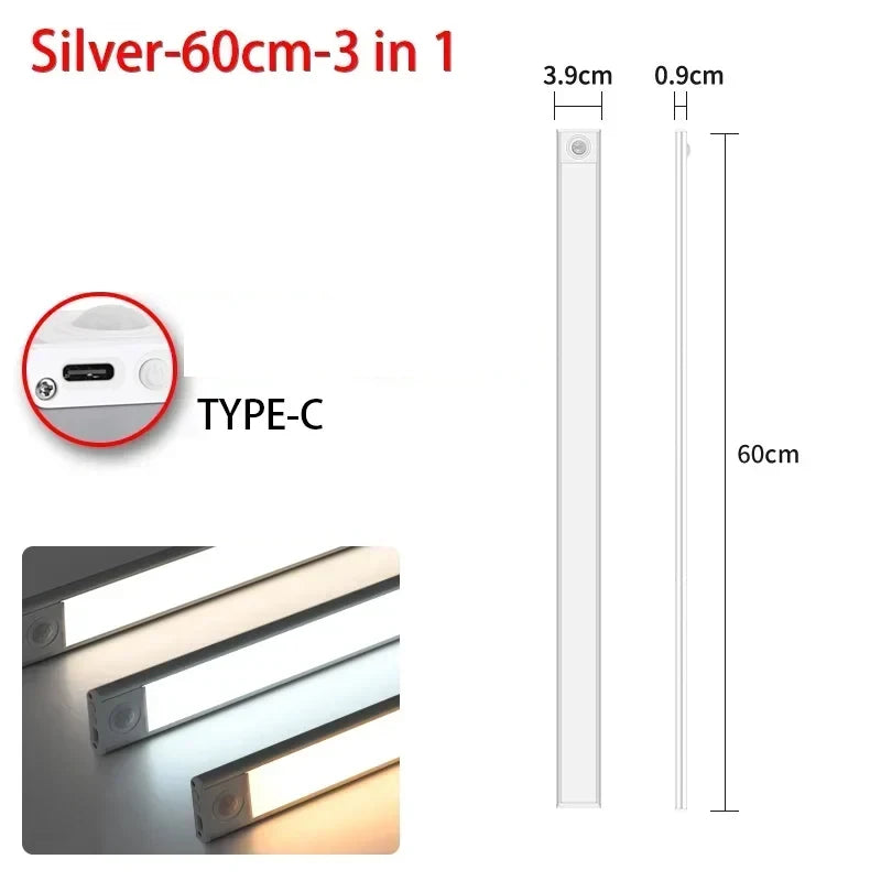 Ultra Thin Rechargeable LED Under Cabinet Light Motion Sensor 54 LED 3 Color Temperatures Stepless Dimming Magnetic Mount Type-C 20cm to 60cm