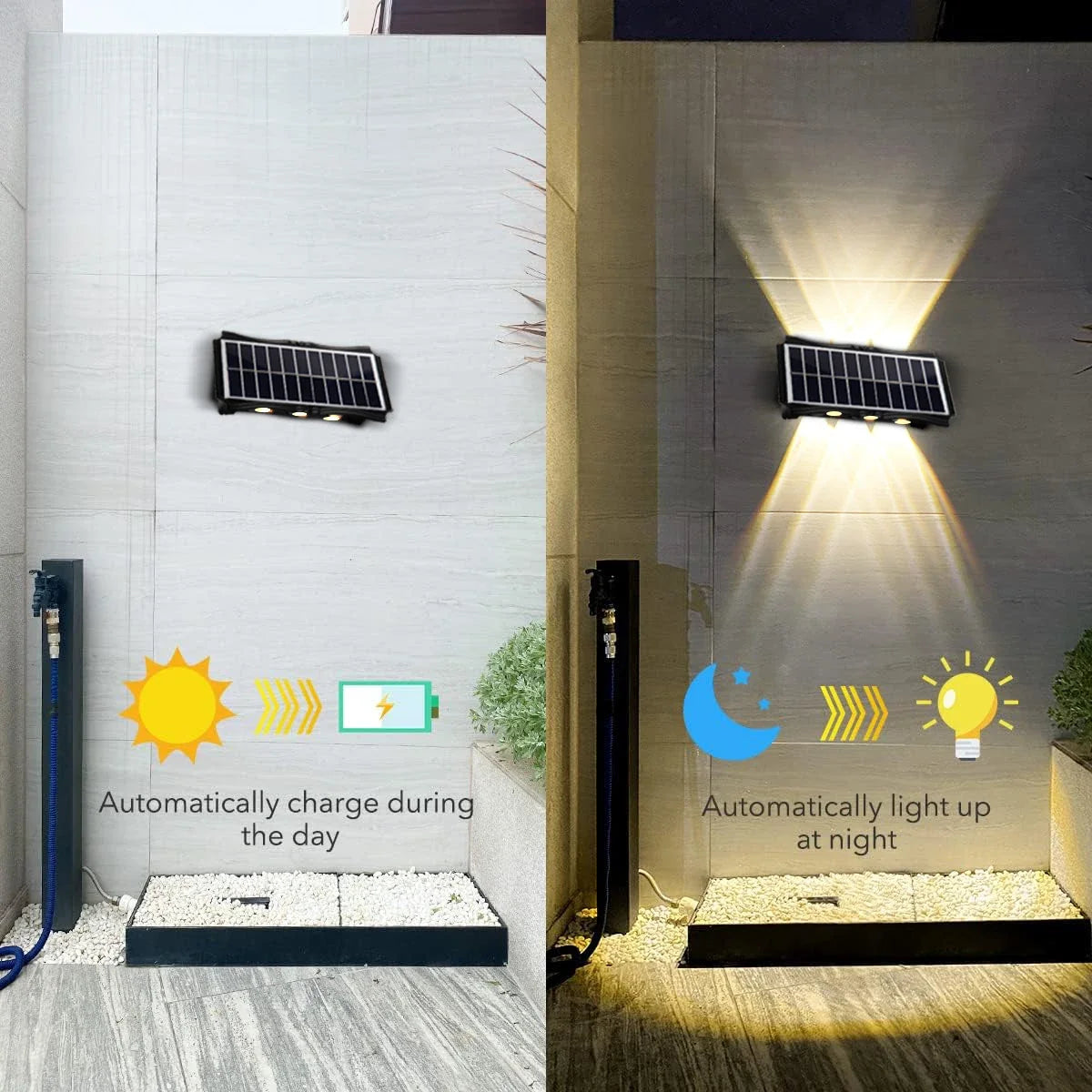 Solar Outdoor Wall Lamp IP65 Up Down 4LED 6LED 8LED Warm White 10H+ ABS Borosilicate Glass