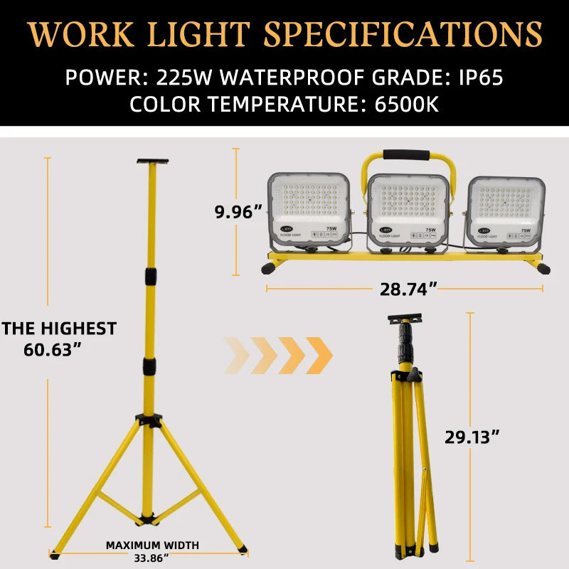 Portable LED Tripod Work Light IP66 Telescopic Collapsible Aluminum Alloy AC 85-265V Camping