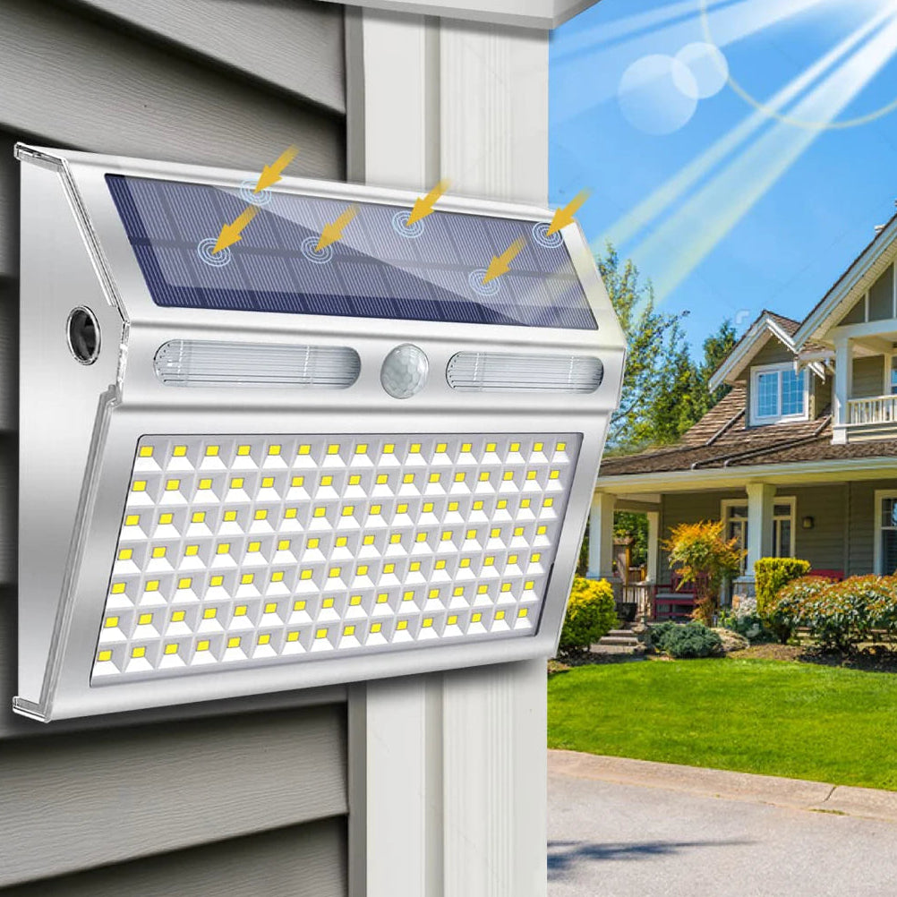 Solar LED Motion Sensor Security Light 112 LED Stainless Steel IP65 4 Modes 2200mAh 120 Degree 5 to 8 Meter Range Outdoor Wall Fence