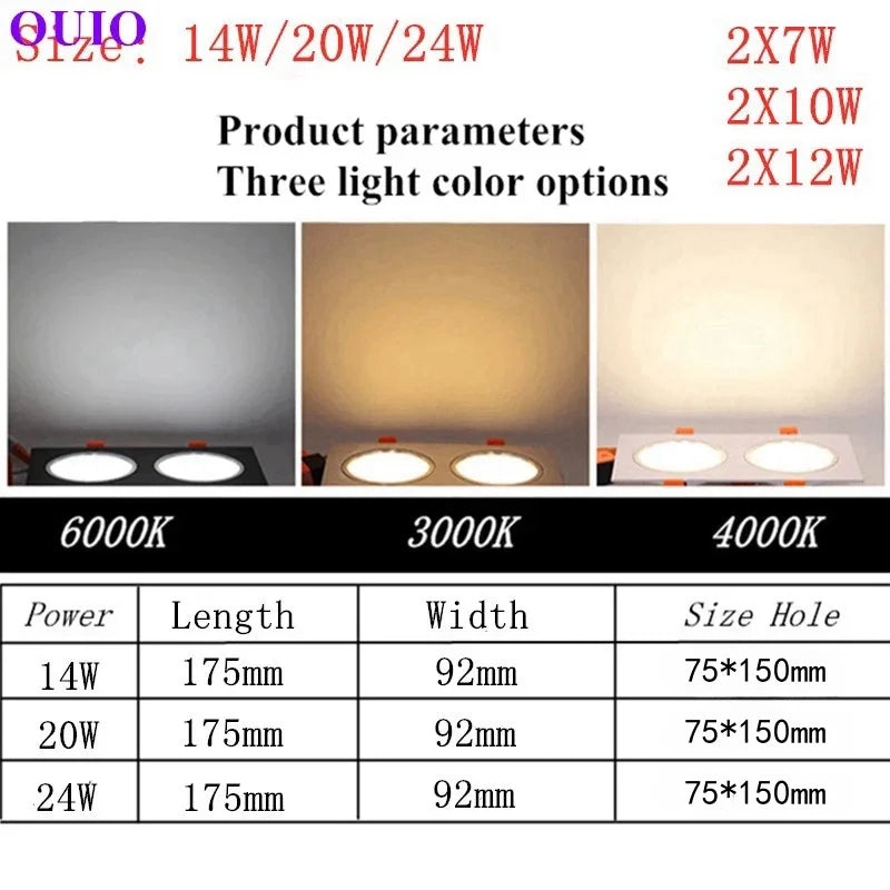 Dimmable Anti-Glare COB LED Recessed Downlight 14W 20W 24W Dual Head Epistar 85-265V