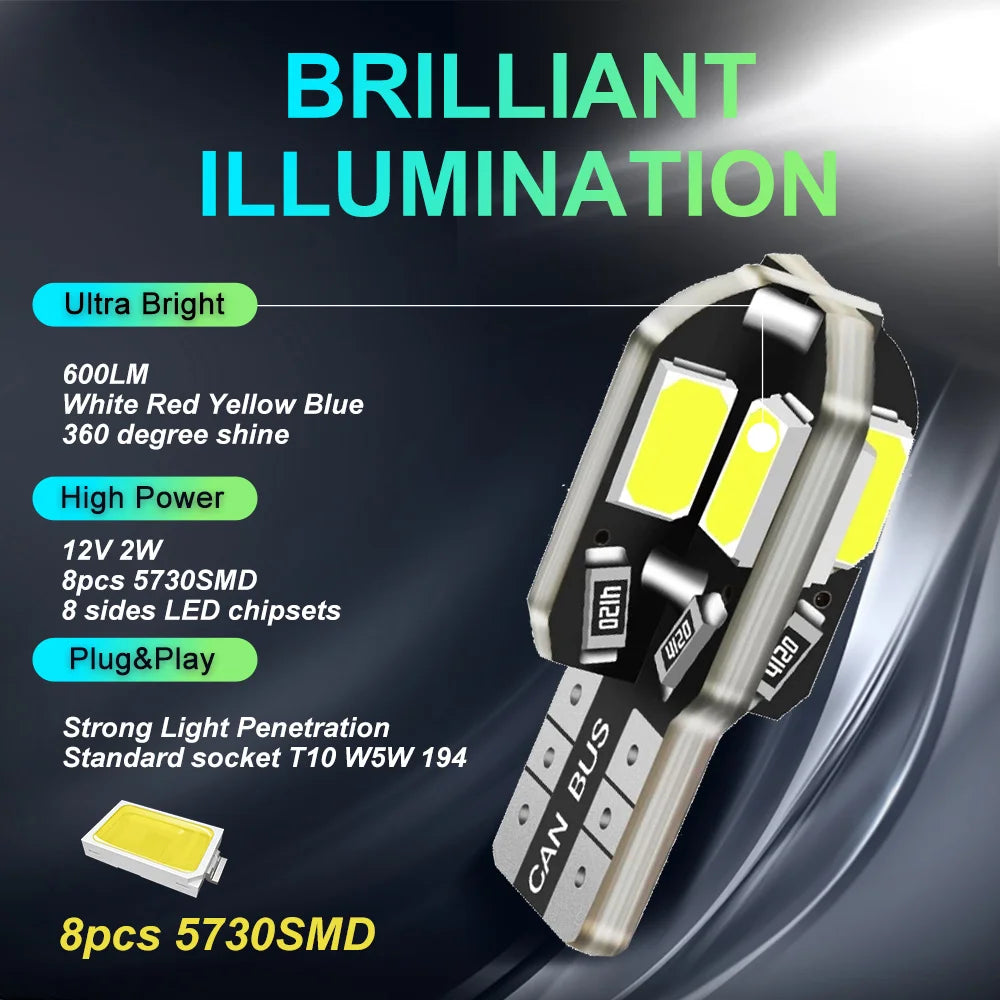 T10 W5W 194 LED Bulb Canbus 8-SMD5730 600lm 2W 360° DC 12V White Amber Blue Red 10-20 Pack
