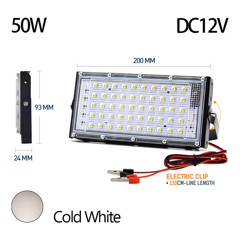 DC 12V LED Portable Flood Light 50W 100W Battery Clip 100lm/W CRI 85+ Camping Emergency Lamp