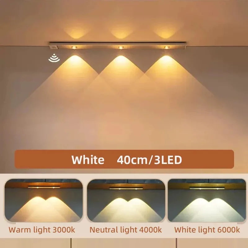 Ultra Thin Rechargeable LED Under Cabinet Light Motion Sensor 3 Color Temperatures Dimmable Magnetic USB Type-C 20cm to 50cm Kitchen Wardrobe