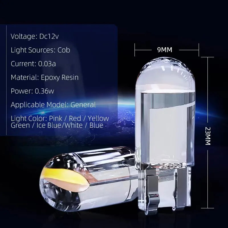 T10 W5W COB LED Bulb 1W DC 12V 400lm 6000K White Blue Yellow Red Pink Green Universal Fit License Plate Dome Map Clearance Interior Car Light