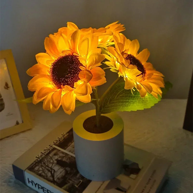Sunflower LED Night Light USB Rechargeable 1W Warm White 2 Brightness Modes Silk Cloth Plastic Bedroom Bedside Table Lamp