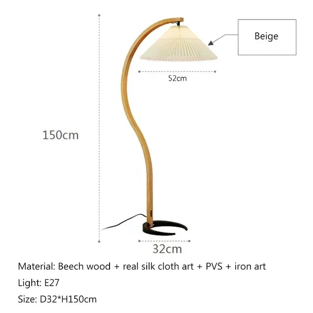 Nordic Solid Wood Pleated Fabric LED Floor Lamp E26 Dimmable Remote Control AC 90-260V D32 x H150cm Living Room Bedroom Study