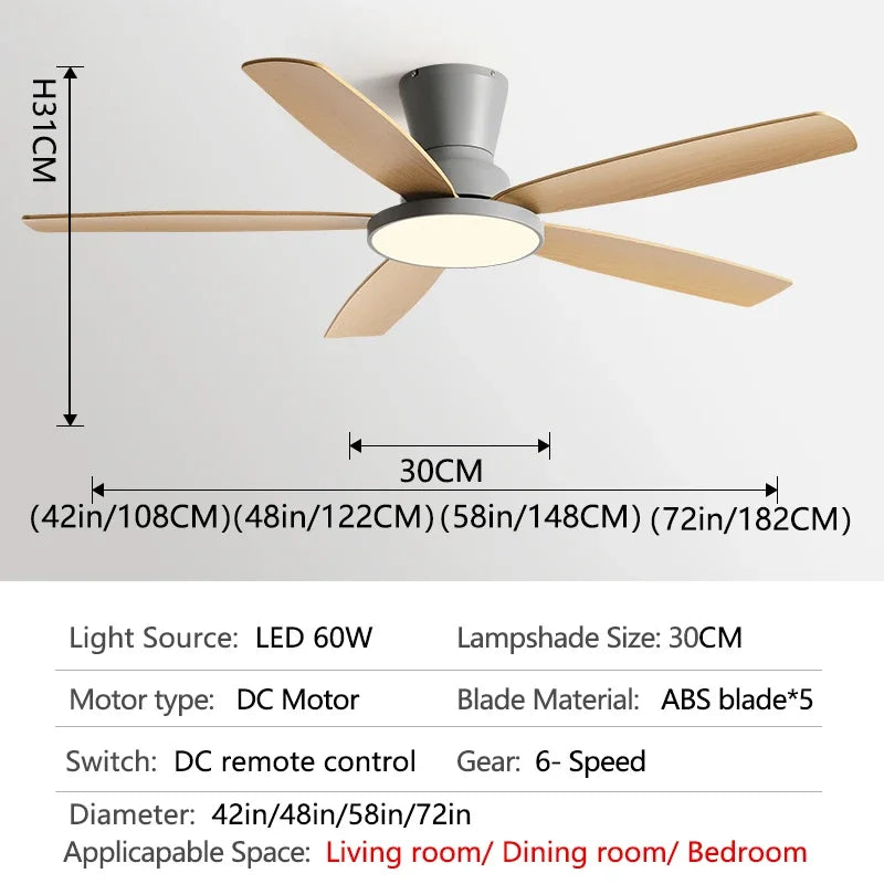 Ceiling Fan with LED Light 42 48 58 72 Inch DC Motor 6-Speed Remote Control 110-220V