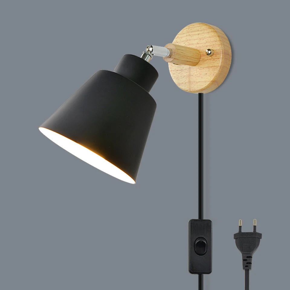 Nordic Wooden E26 E27 Wall Lamp 350-Degree Rotatable 6 Colors EU UL Plug Bedroom Living Room