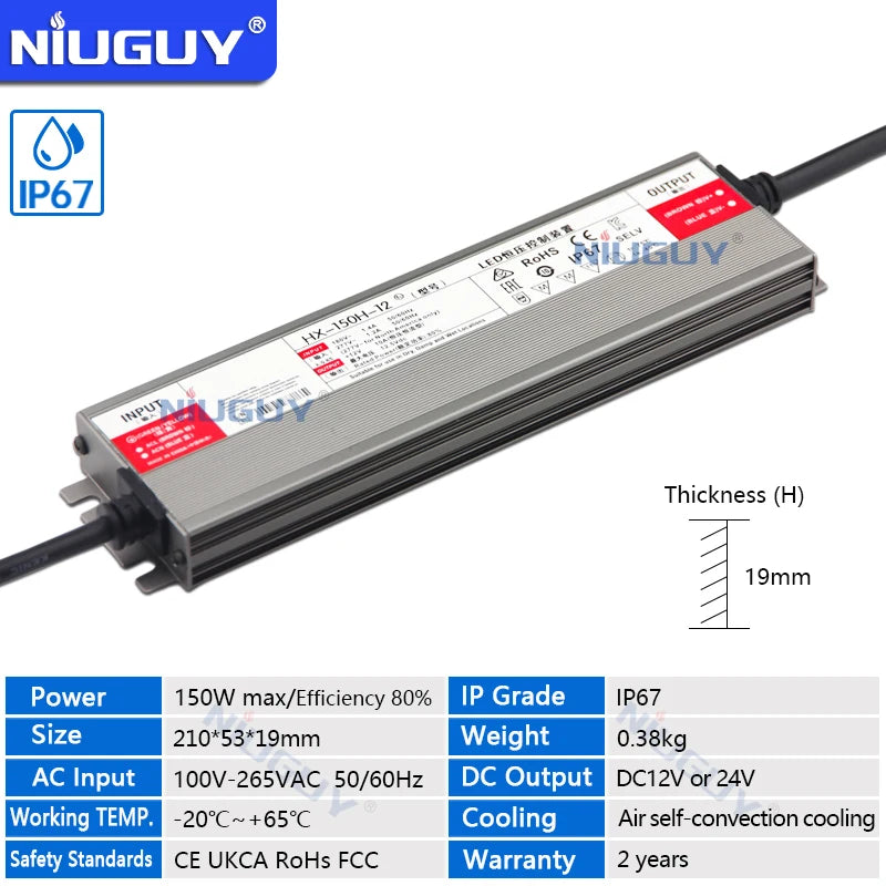 IP67 Ultra-Thin LED Power Supply DC 12V 24V 36W-400W AC 100-265V Flicker-Free EMI Filter