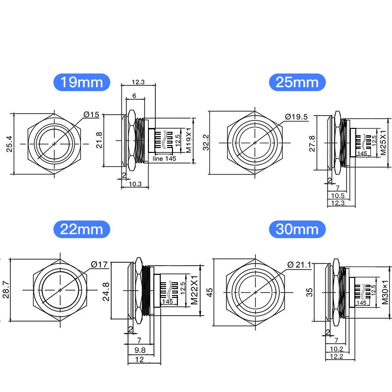 Momentary Push Button Switch 19mm 22mm 25mm 30mm 1A Ultra-Short Stainless Steel Waterproof