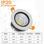 IP65 Waterproof COB LED Recessed Downlight 5W 7W 12W 15W CRI >90 Anti-Glare 85-265V