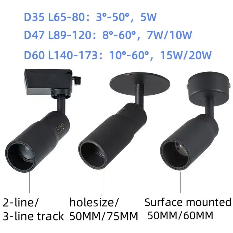 Zoom track spotlight can focus light from 10 ° -60 °, freely adjust aperture size, bar restaurant atmosphere spotlight