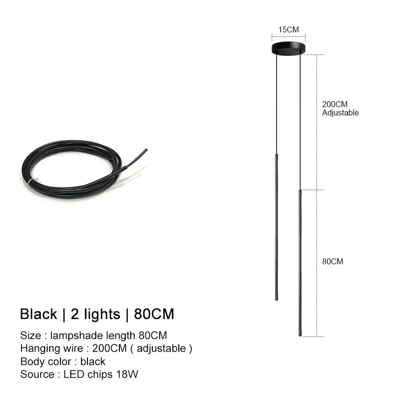 Modern Linear LED Chandelier Pendant Light 3 Head Black Brushed Aluminum Adjustable Wire Dining Room Kitchen Island