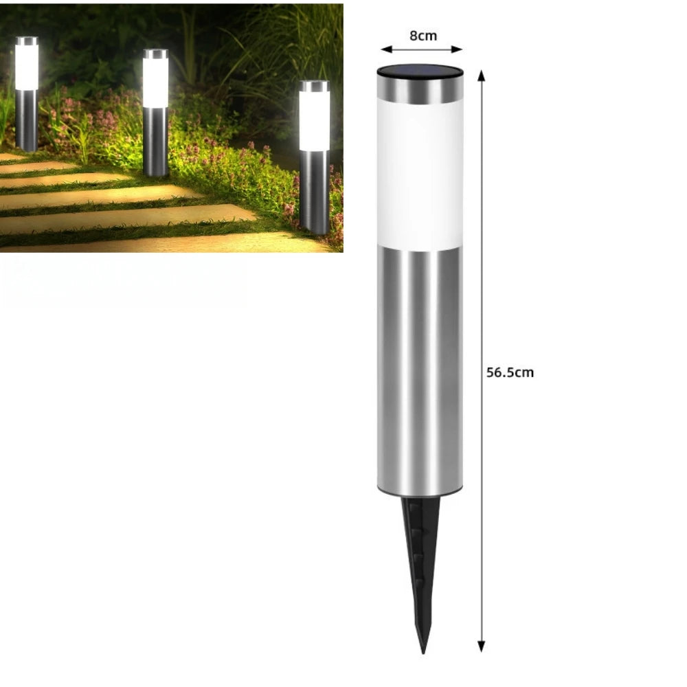 Solar LED Cylindrical Pathway Lawn Light IP65 Waterproof Stainless Steel Plastic Polycrystalline Panel Garden Walkway 2 Sizes