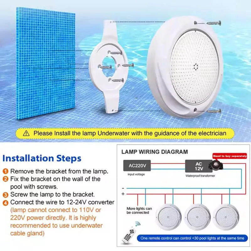 IP68 RGB LED Swimming Pool Light 18W 25W 35W DC 12V Wall Mounted Remote Control ABS PC Resin Filled D230mm Spa Pond Villa