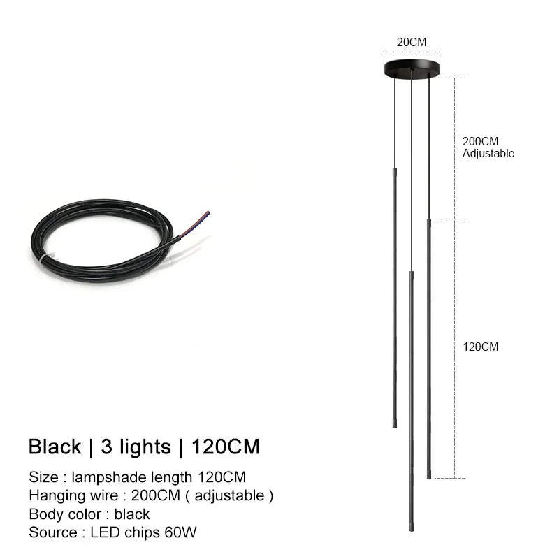 Modern Linear LED Chandelier Pendant Light 3 Head Black Brushed Aluminum Adjustable Wire Dining Room Kitchen Island