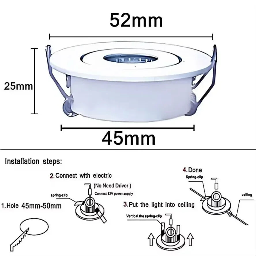 Mini COB LED Recessed Downlight DC 12V 3W 52mm Adjustable Drive Free IP44 Full Aluminum