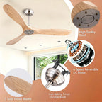 42 52 60 Inch Solid Wood Ceiling Fan No Light Remote Control 6-Speed DC Motor 85-265V
