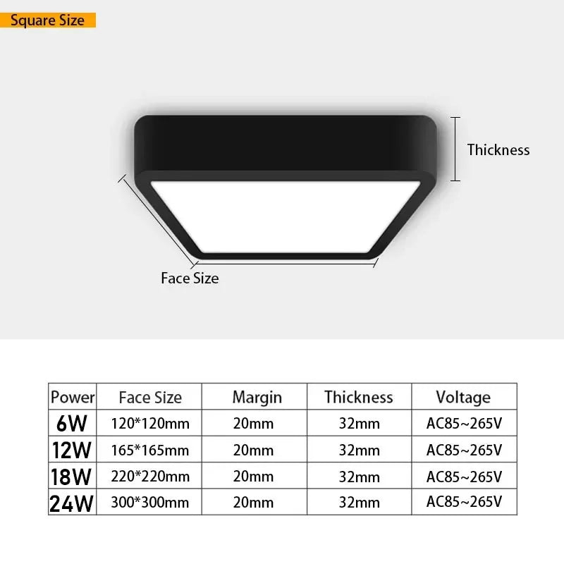 Surface-Mounted LED Ceiling Light 6W 12W 18W 24W CRI 90+ 180° IP42 AC 90-260V Round Square