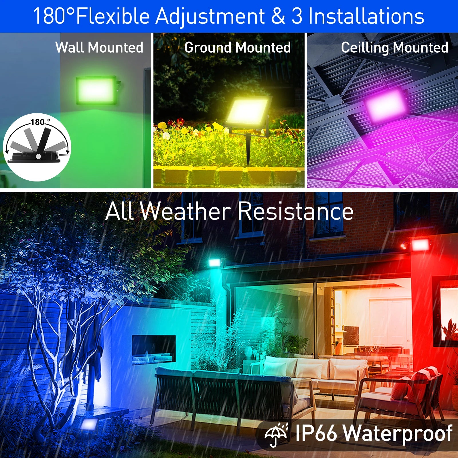 RGBCW Smart LED Flood Light 30W 60W 100W App Remote IP66 US Plug 110-130V Outdoor Garden