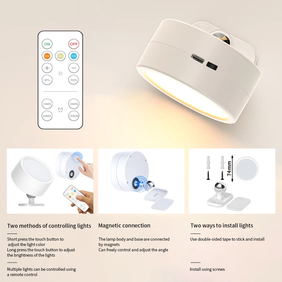 Rechargeable Magnetic LED Wall Lamp 360 Degree Rotating Touch and Remote Control Dimmable USB 5V 1.8W Bedroom Living Room