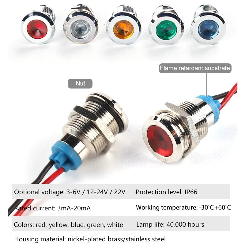 Waterproof Metal LED Indicator Pilot Light Copper 6mm 8mm 12mm 16mm 19mm 22mm 1A 6V 12V 24V 110V 220V Red Yellow Blue Green White