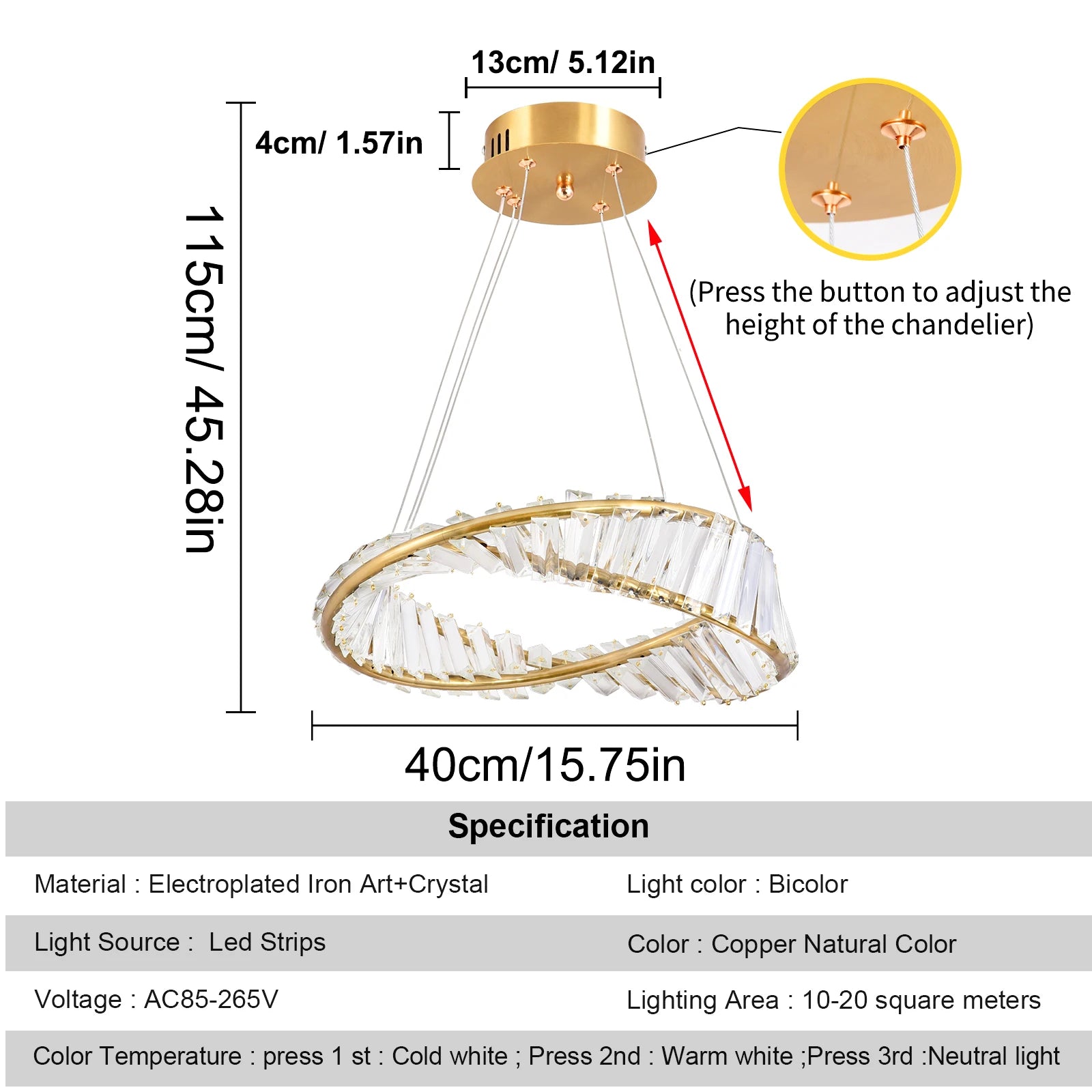 Luxury Ring LED Chandelier Pendant Light Stainless Steel Crystal Flush Mount Knob Dimmable Living Room Dining Room AC 90-260V