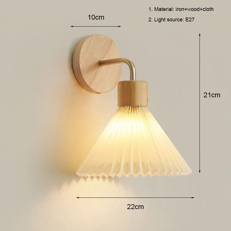 Nordic Wood LED Wall Sconce E26 Single Head Fabric Shade Downlight AC 110-220V Bedroom Living Room Bedside Yellow Brown