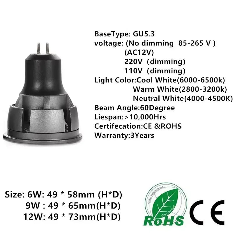 GU10 COB LED Spotlight Bulb 6W 9W 12W 60 Degree Warm White Aluminum AC 85-265V Living Room Kitchen 3 Year Warranty