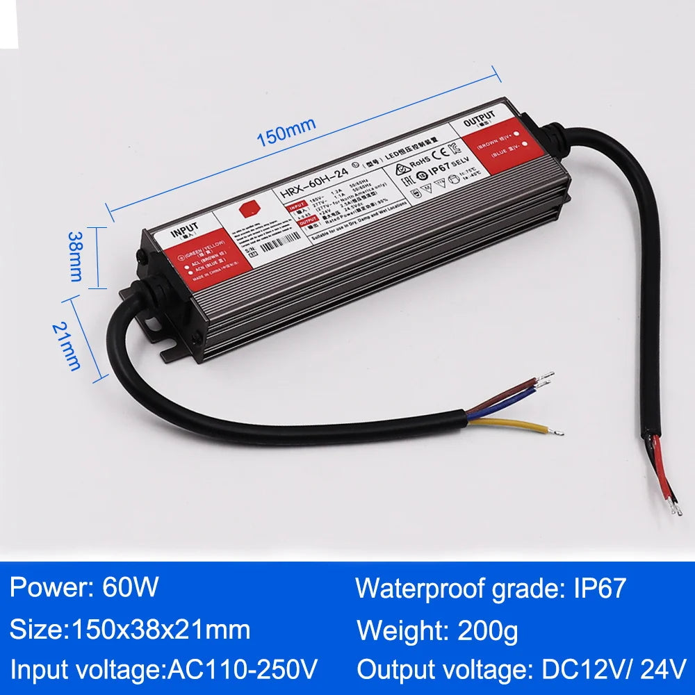 IP67 Waterproof LED Power Supply DC 12V 24V 30W-500W AC 110-250V Constant Voltage Outdoor
