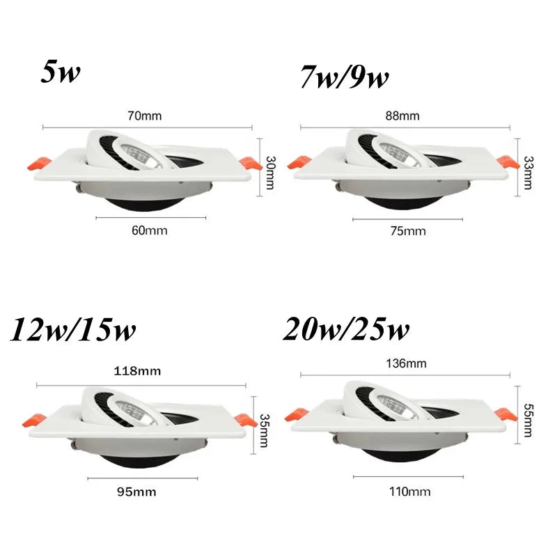 Dimmable Square 360-Degree Adjustable COB LED Recessed Downlight 5W 7W 9W 12W 15W 20W 25W