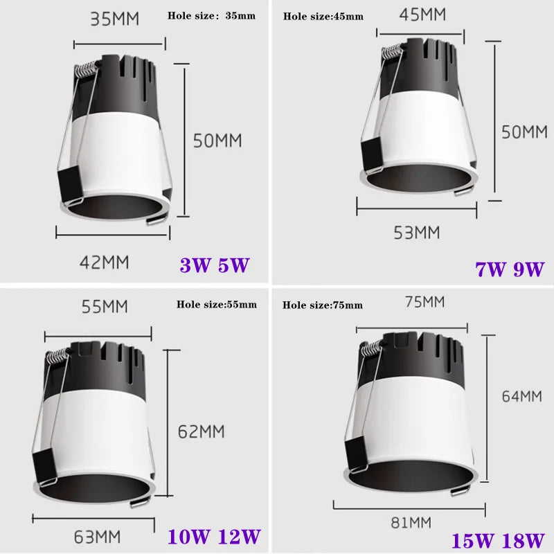Dimmable Anti-Glare COB LED Recessed Downlight 3W 5W 7W 9W 10W 12W 15W 18W CRI 90+