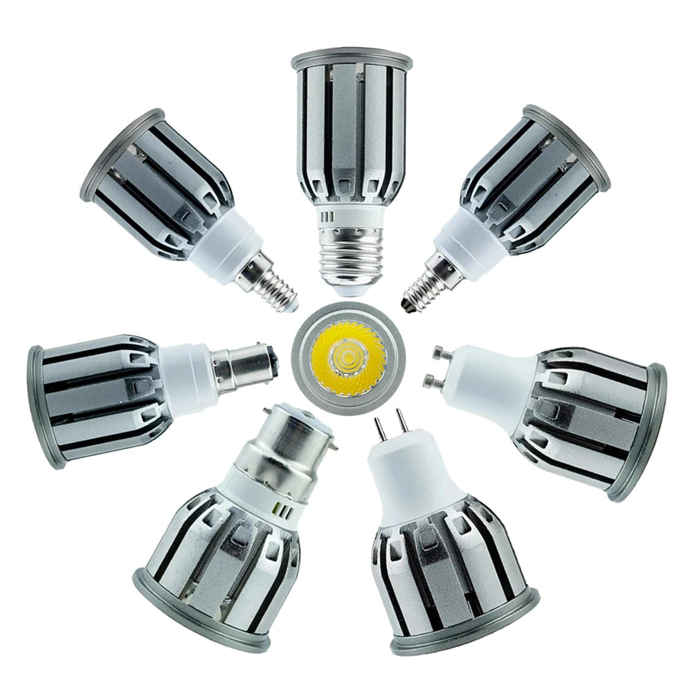 COB LED Spotlight Bulb 5W 7W 10W 15 Degree Epistar Multi Base E26 E12 E14 GU10 B22 Dimmable or Non-Dimmable AC 110V 85-265V Warm Neutral Cool White