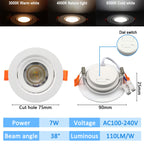 3-CCT LED Recessed Downlight 3000K 4000K 6500K Dial Switch AC 110-240V 1-10 Pack