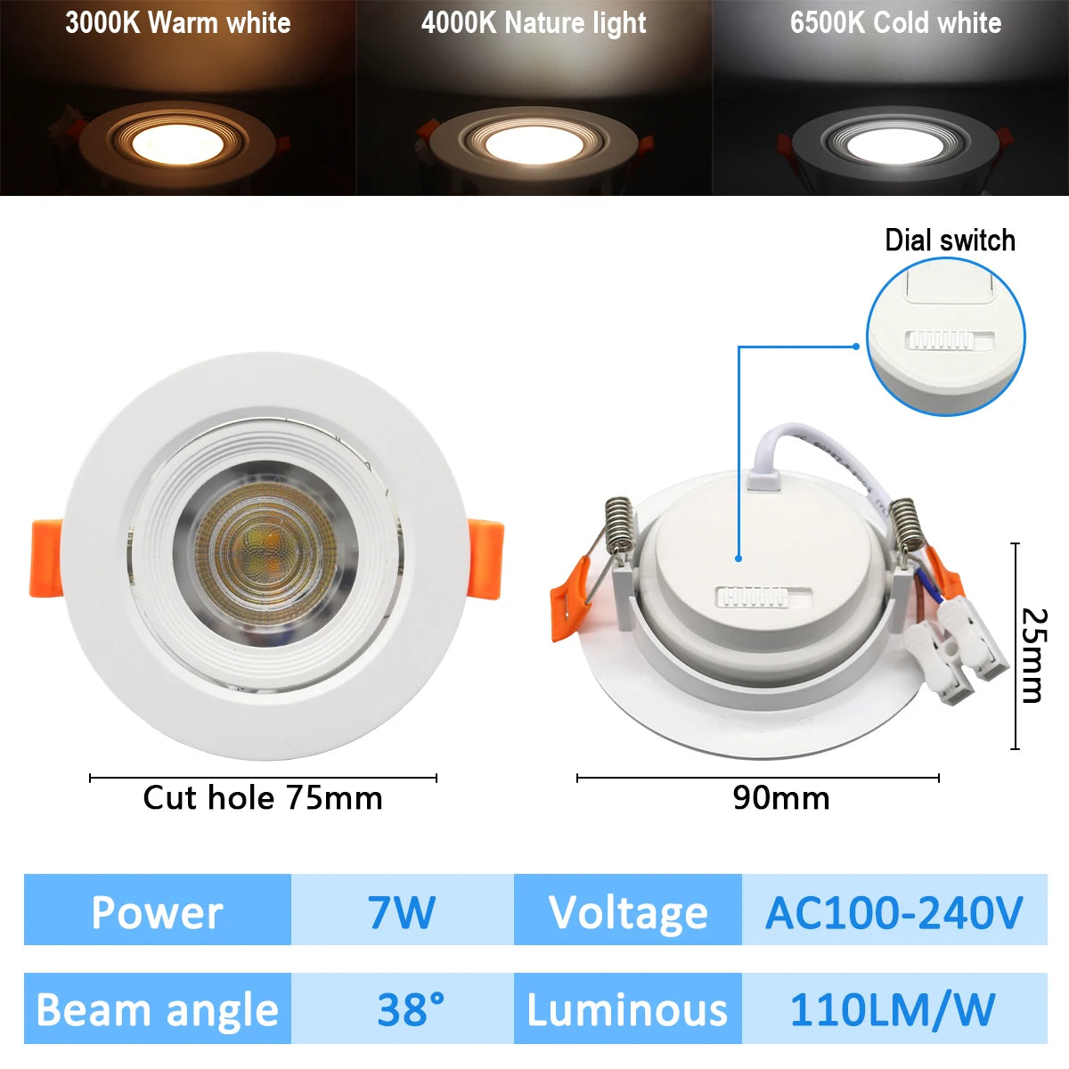 3-CCT LED Recessed Downlight 3000K 4000K 6500K Dial Switch AC 110-240V 1-10 Pack