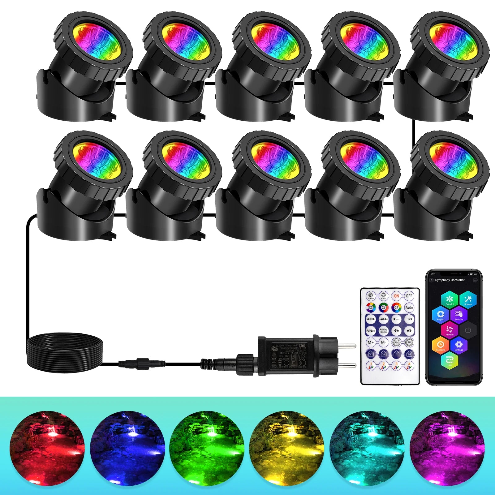 IP68 RGB LED Underwater Pond Spotlight 6 LED Beads 90 Degree Adjustable App and Remote Control 16 Million Colors ABS 5.5cm x 6cm Pond Garden